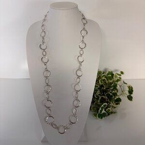 Silver Tone Hammered Circle Link Necklace Handcrafted Minimalist Design 37 in